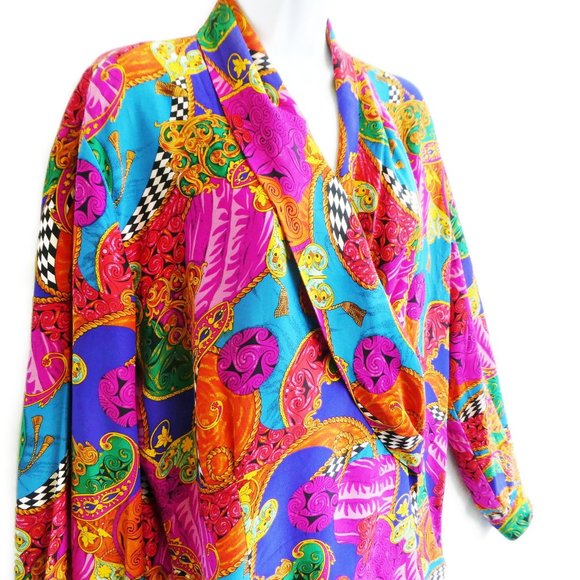 SiLK Satin Vintage 80s Vibrant Color Shawl Wrap Blouse Dana Buchman 12 Large - Picture 3 of 9
